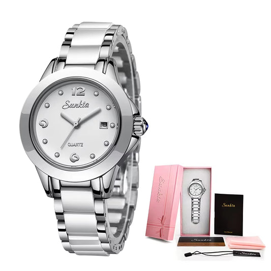 Ladies' Ceramic Bracelet Watch - Stylish Waterproof Dress Timepiece with Date Function - Ideal Gift for Women