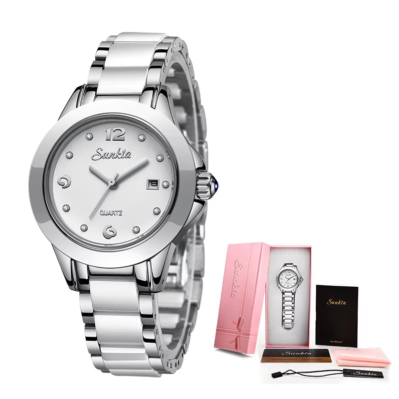 Ladies' Ceramic Bracelet Wrist Watch - Fashionable Waterproof Dress Watch with Date Display, Perfect Gift for Women