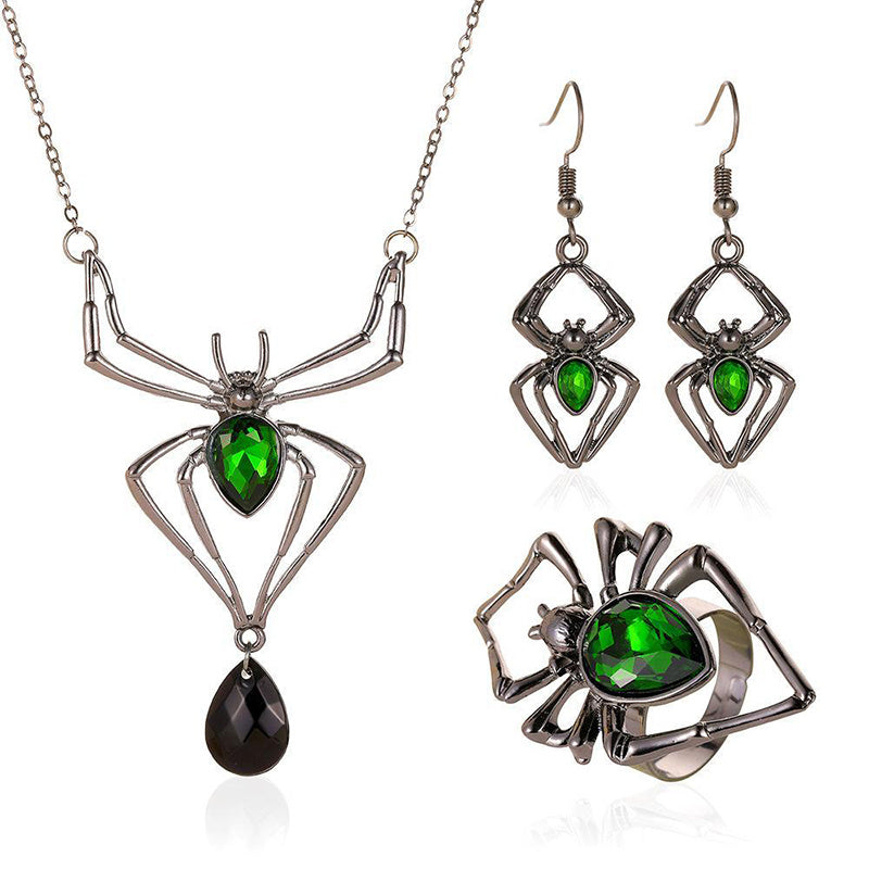 3PCS Halloween Spider Jewelry Set Drop Pendant Necklace Earrings Ring Vintage