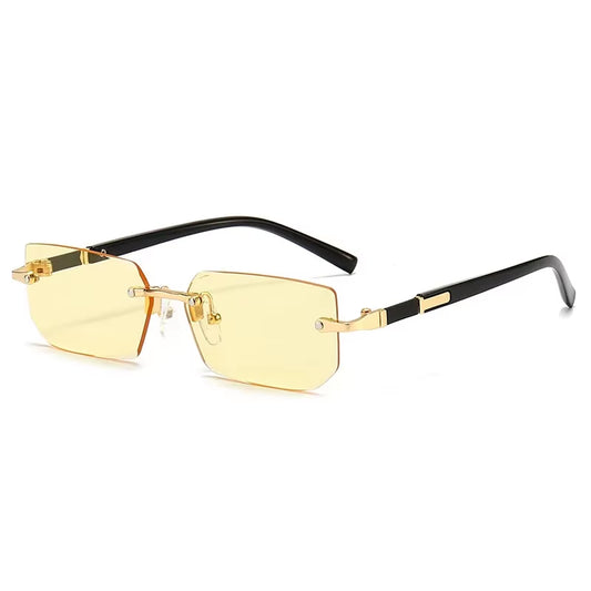 Men Women Rimless Rectangle Sunglasses - Yellow Lens Cut Edge - Free Shipping