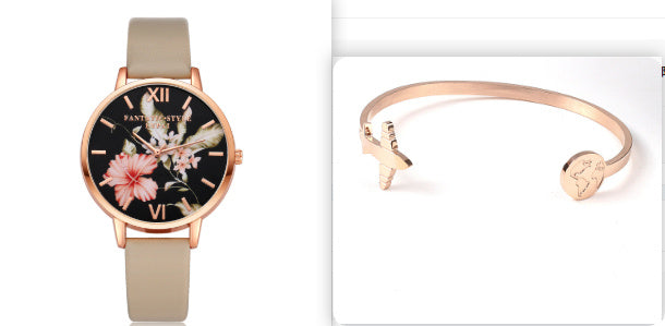 Rose Gold Women Leather Strap Watch Flower Dial Dress Gift