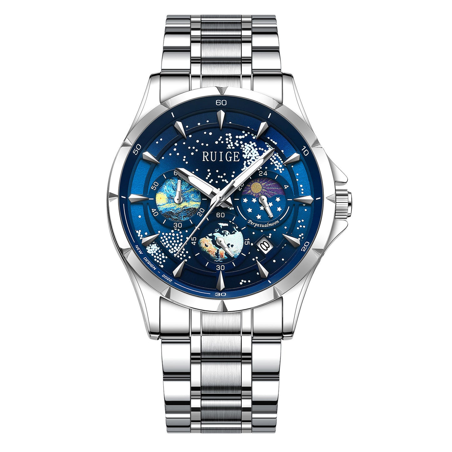 Men’s Waterproof Luminous Quartz Watch Stainless Steel Blue Dial “Star Sea”