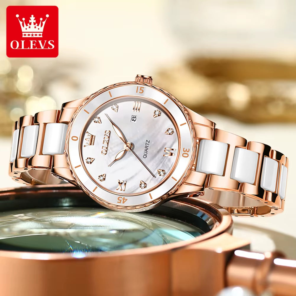 Women’s Elegant Quartz Watch with Roman Numerals, Waterproof Design, Calendar Function, Ceramic Strap, Luxury Original Timepiece