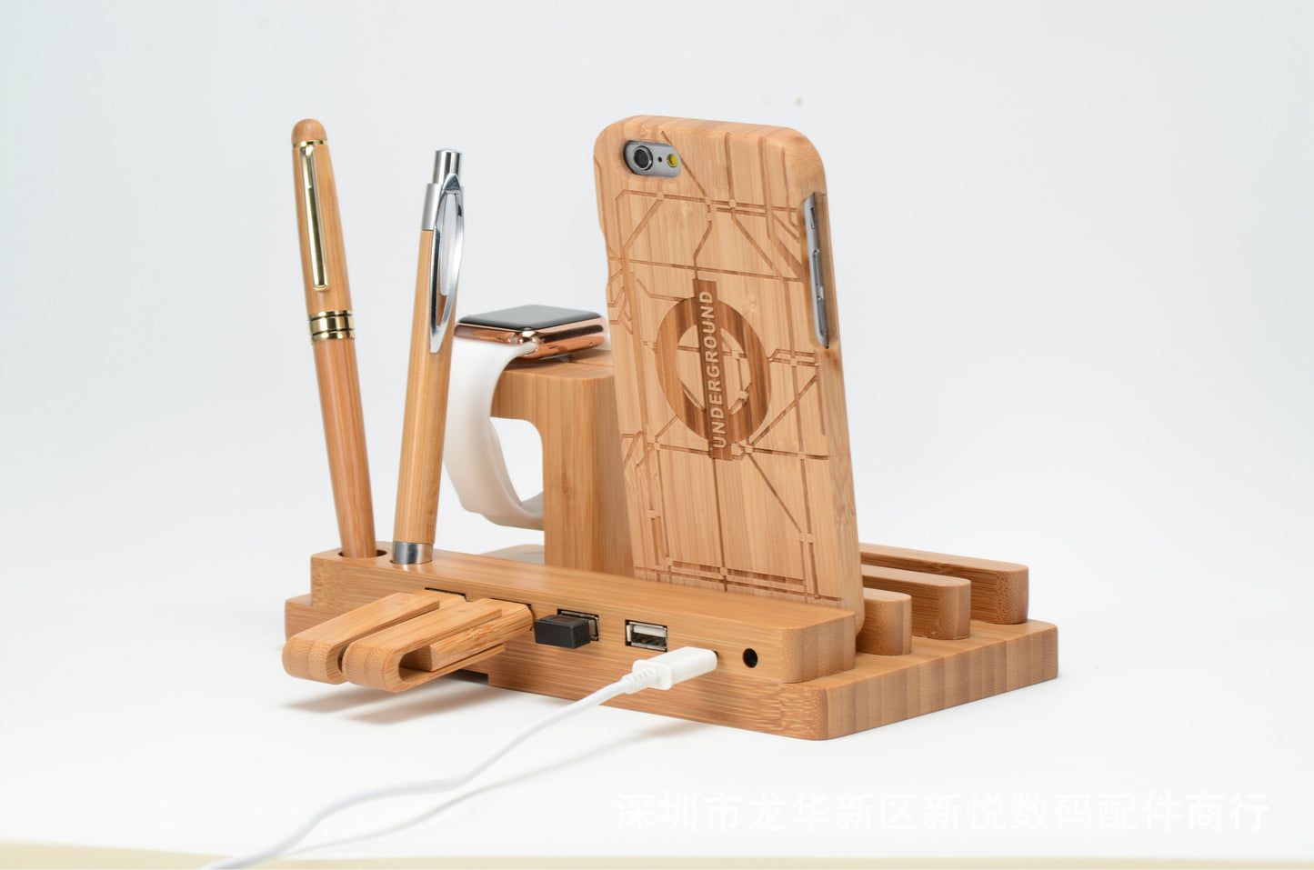 Wooden Bamboo Universal Phone Stand With Four USB Ports