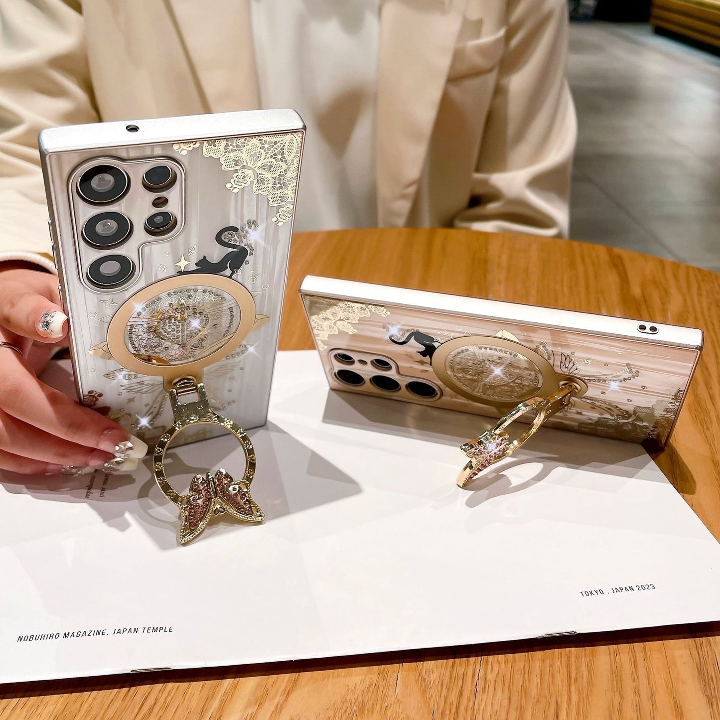 Diamond Encrusted Butterfly Stand Phone Case White Gold