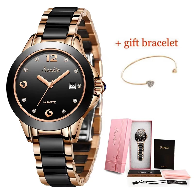 Elegant Women's Ceramic Bracelet Watch - Fashionable, Waterproof Dress Timepiece with Date Function - Ideal Gift for Her