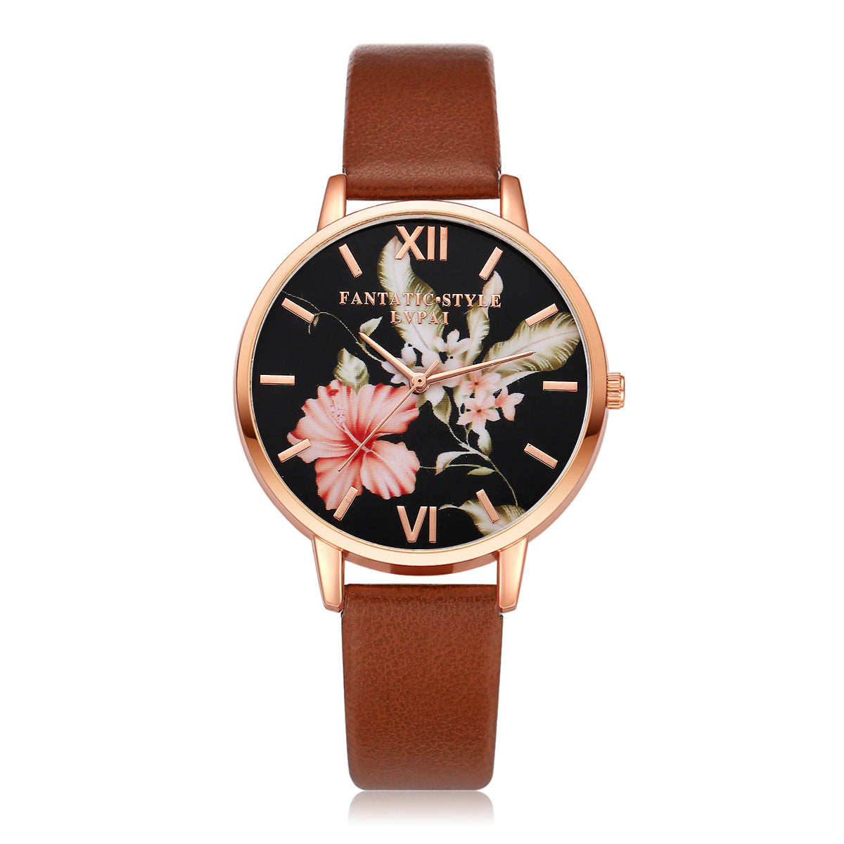Rose Gold Women Leather Strap Watch Flower Dial Dress Gift