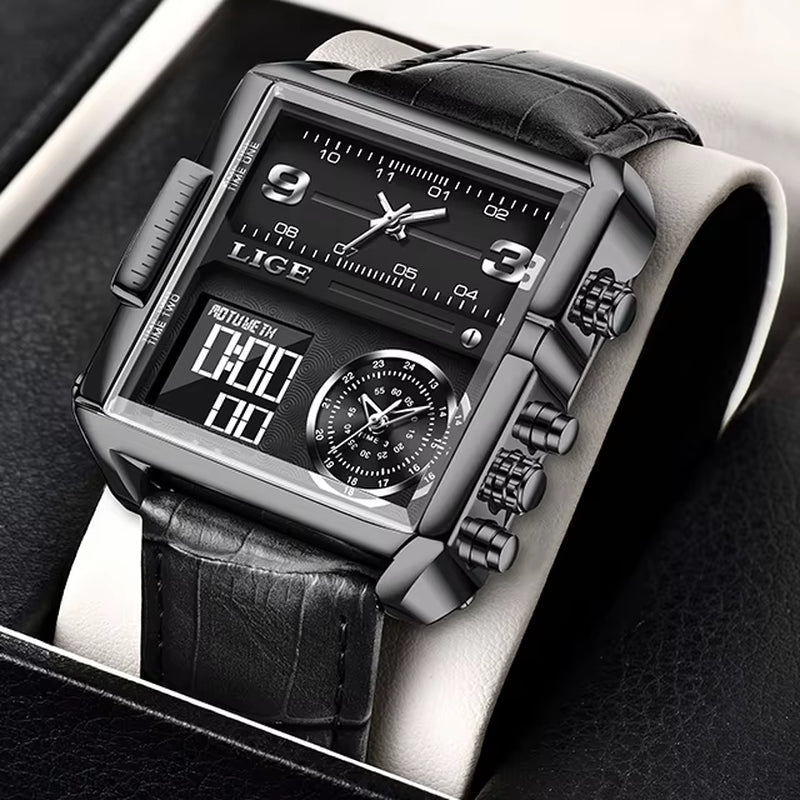 Men's Luxury Quartz Analog-Digital Sport Watch with LED Display, Waterproof Square Dial, and Leather Strap