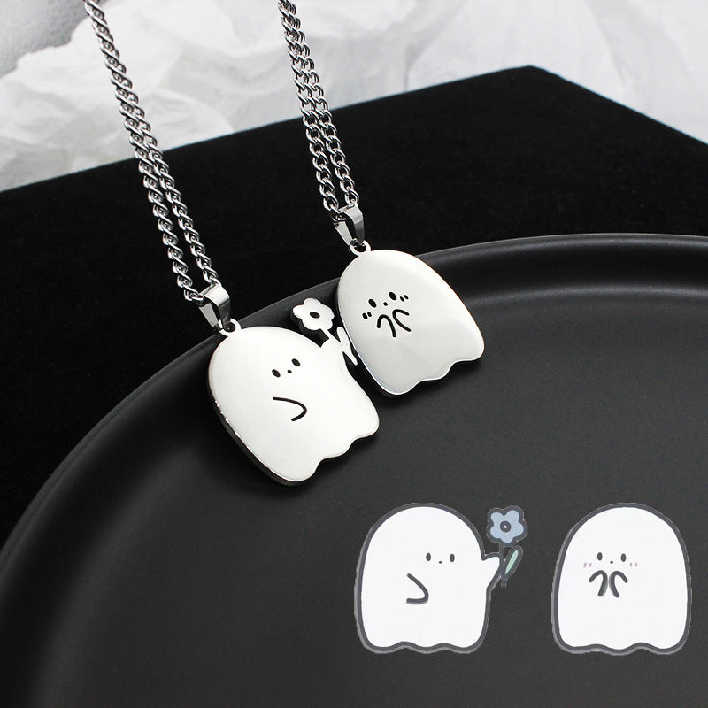 Stainless Steel Ghost Couple Necklace Cat Pendant Kawaii Lovers Friendship Jewelry
