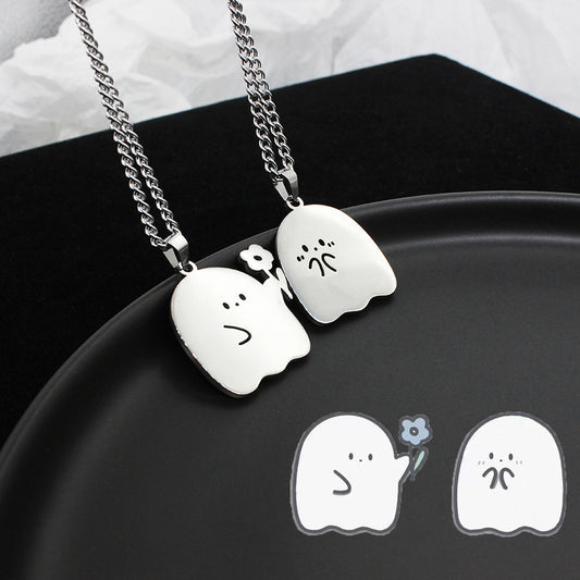 Stainless Steel Ghost Couple Necklace Cat Pendant Kawaii Lovers Friendship Jewelry