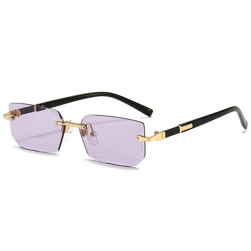 Men Women Rimless Rectangle Sunglasses - Purple Lens Cut Edge - Free Shipping