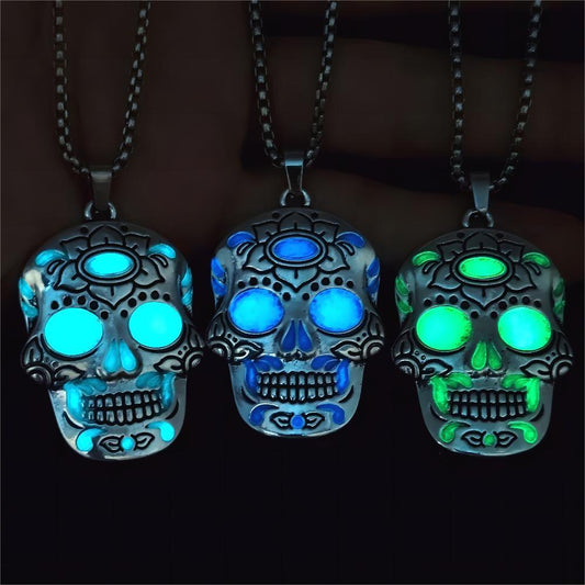 Halloween Luminous Skull Necklace Day of Dead Lotus Pattern Clavicle Pendant Jewelry