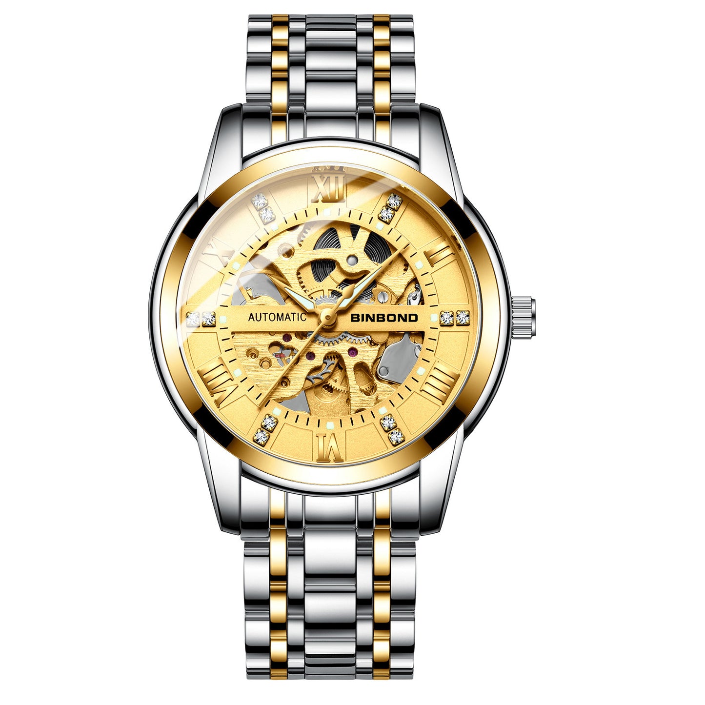 Elegant Automatic Mechanical Watch – Luminous Hands, Silver & Gold Case Styles