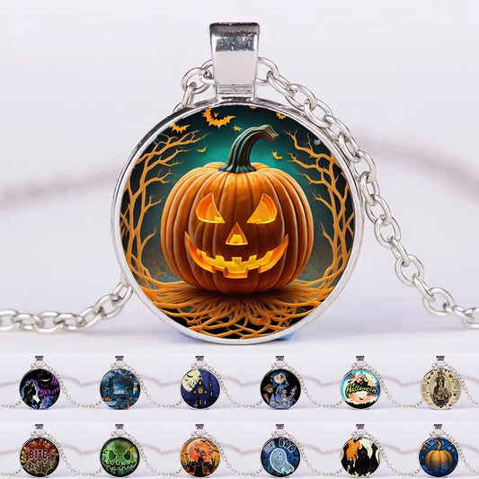 Halloween Pumpkin Ghost Bat Necklace Round Pendant Clavicle Jewelry for Men Women