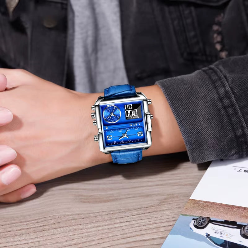 Luxury Men's Quartz Analog-Digital Sport Watch with LED Display, Waterproof Square Dial, and Leather Strap