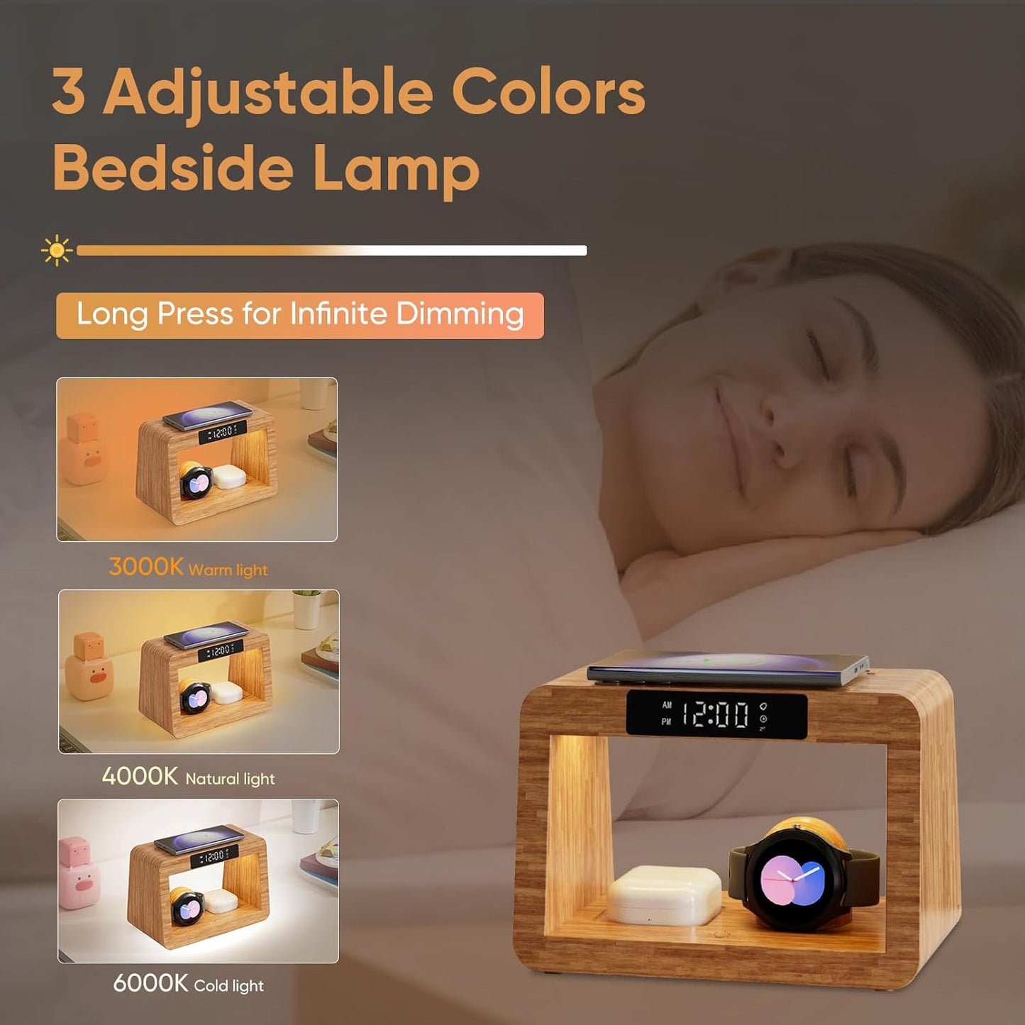 Bamboo Table Lamp Alarm Clock With Wireless Charger