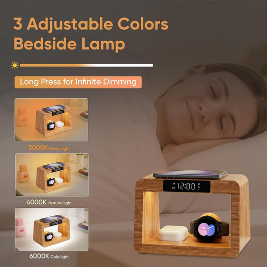 Bamboo Table Lamp Alarm Clock With Wireless Charger
