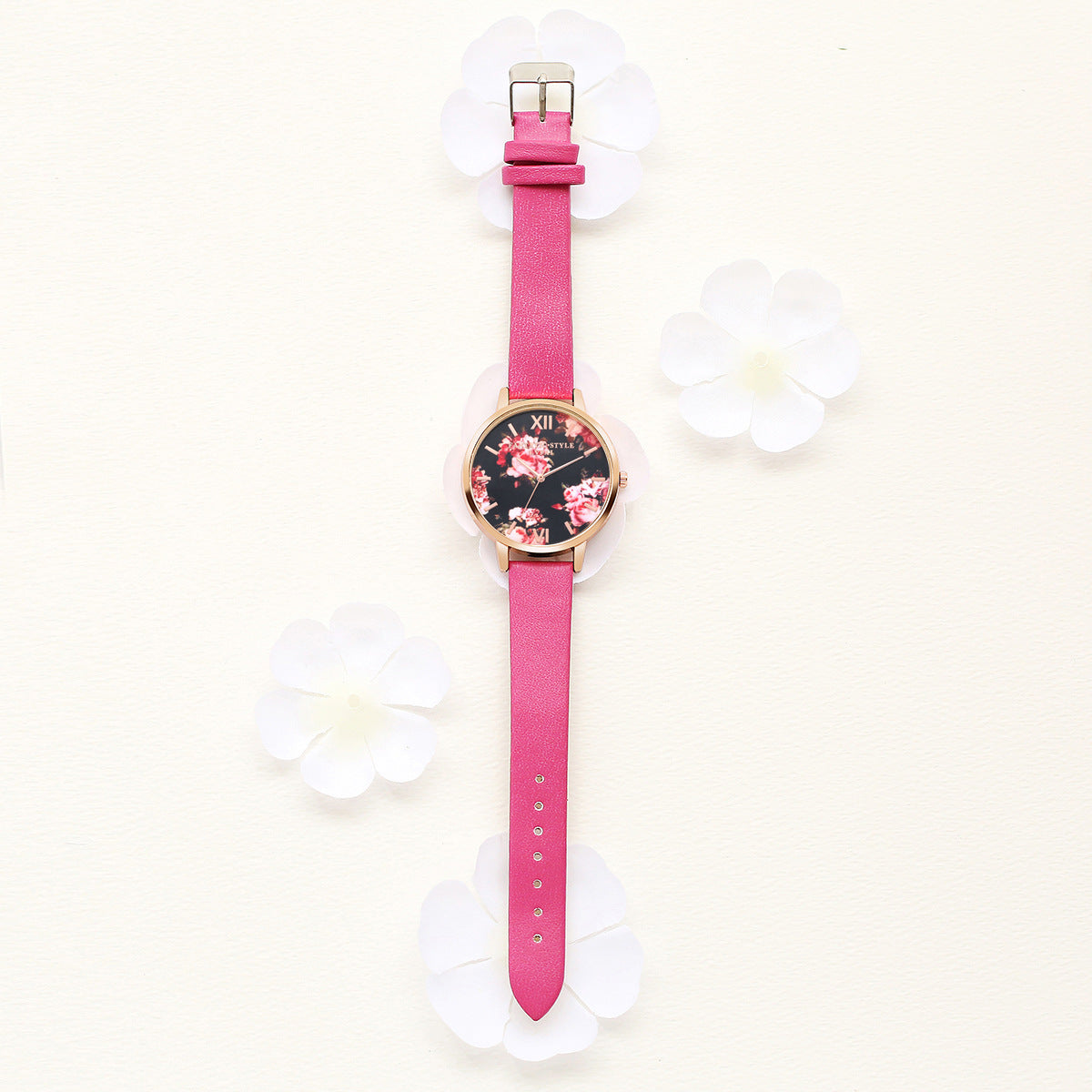 Rose Gold Women Leather Strap Watch Flower Dial Dress Gift