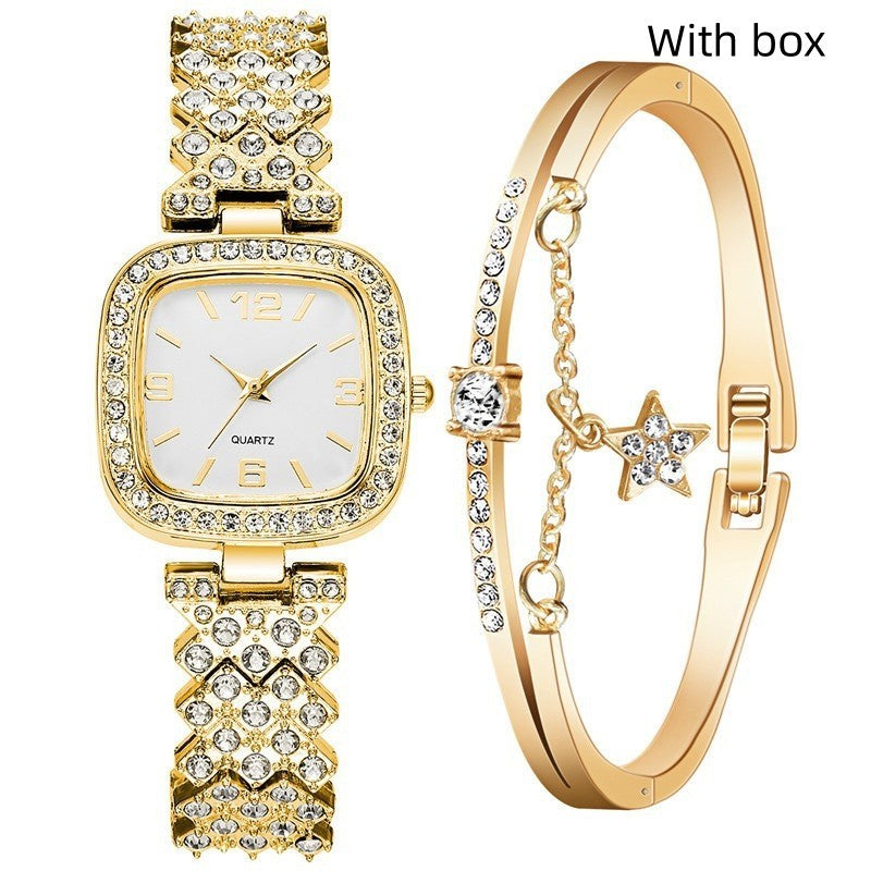 Women's Diamond Watch And Bracelet Two Piece Set Casual