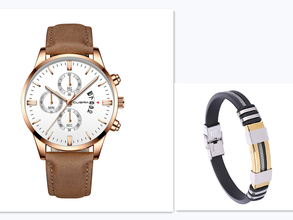 Men’s Business Quartz Watch Three-Eye Calendar Round Dial Leather Strap 41.5mm