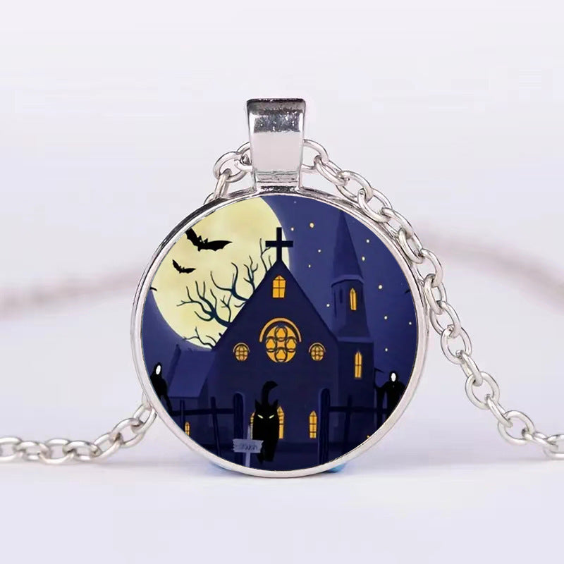 Halloween Pumpkin Ghost Bat Necklace Round Pendant Clavicle Jewelry for Men Women
