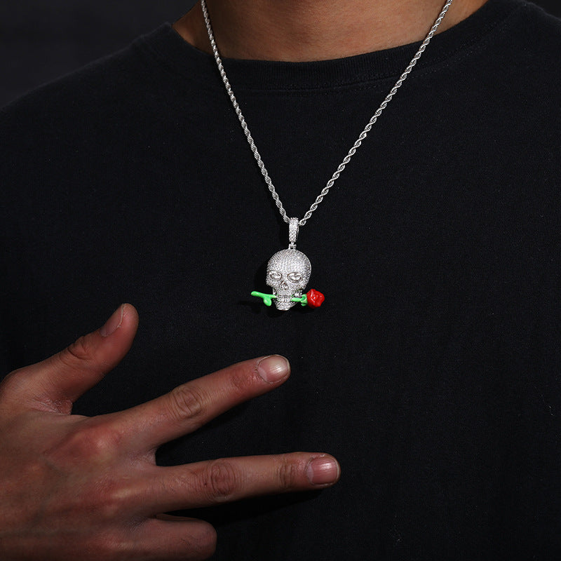 Luminous Rose Skull Pendant Necklace Epoxy Glow in Dark Gothic Fashion Jewelry