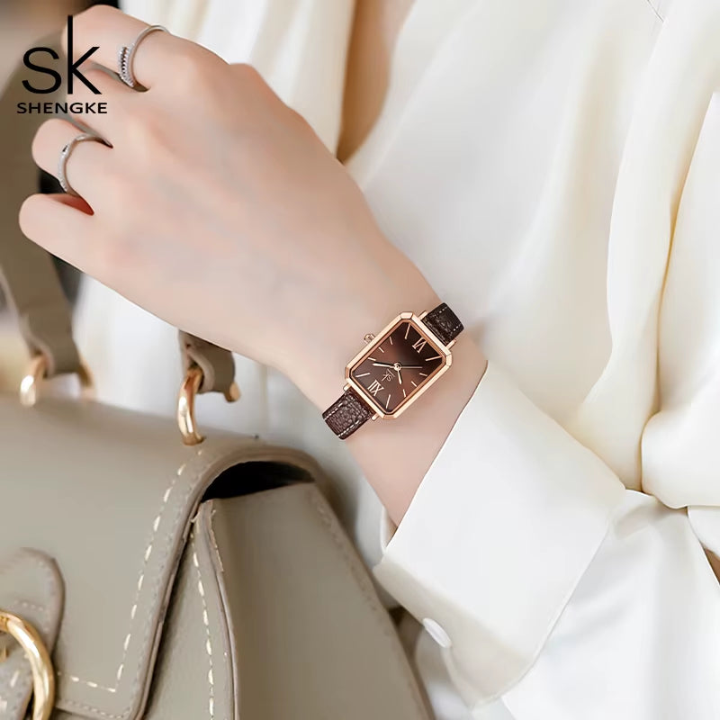 Brand Women Watches SK Fashion Square Ladies Quartz Watch Bracelet Gray Dial Simple Rose Gold Mesh Luxury Women Watches