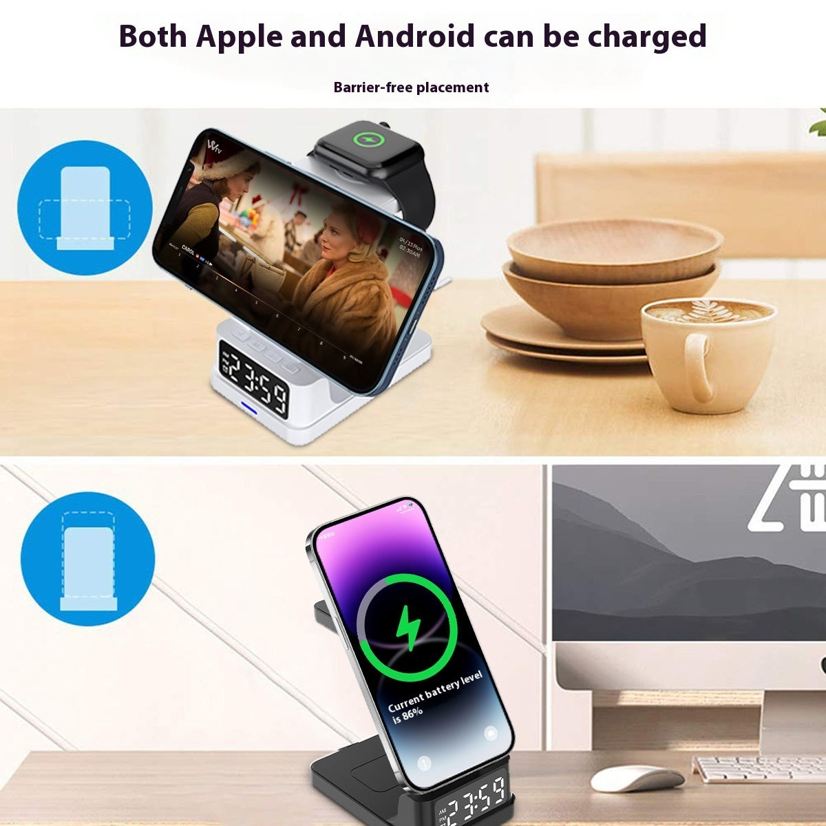 Black Magnetic Three In One 15W Wireless Charger With Clock
