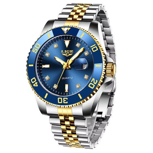 Luxury Men's Quartz Watch with Calendar, Diamond Accents, Luminous Features, and Waterproof Stainless Steel Design