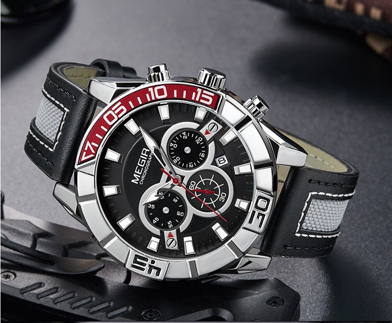 Luminous Calendar Dial Mens Quartz Watch Leather Strap