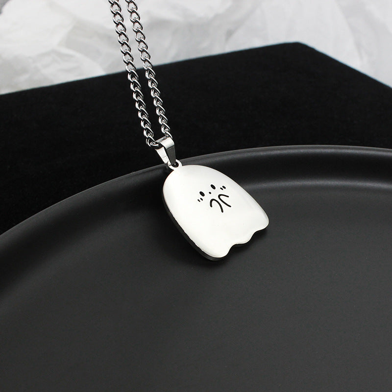 Stainless Steel Ghost Couple Necklace Cat Pendant Kawaii Lovers Friendship Jewelry