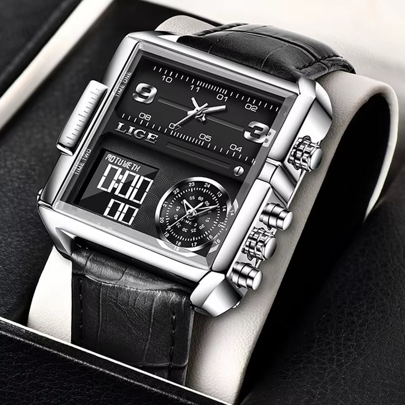 Luxury Men's Quartz Analog-Digital Sport Watch with LED Display, Waterproof Military Design, Square Dial, and Leather Strap