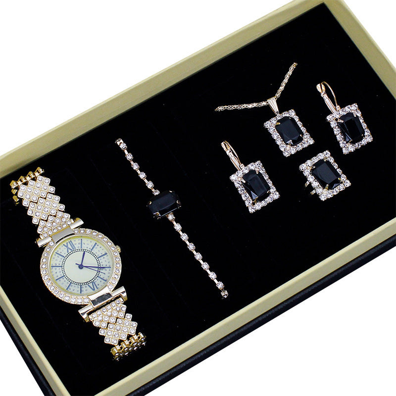 Diamond Embedded Roman Numerals Women’s Jewelry Watch Set – Elegant Gift Piece