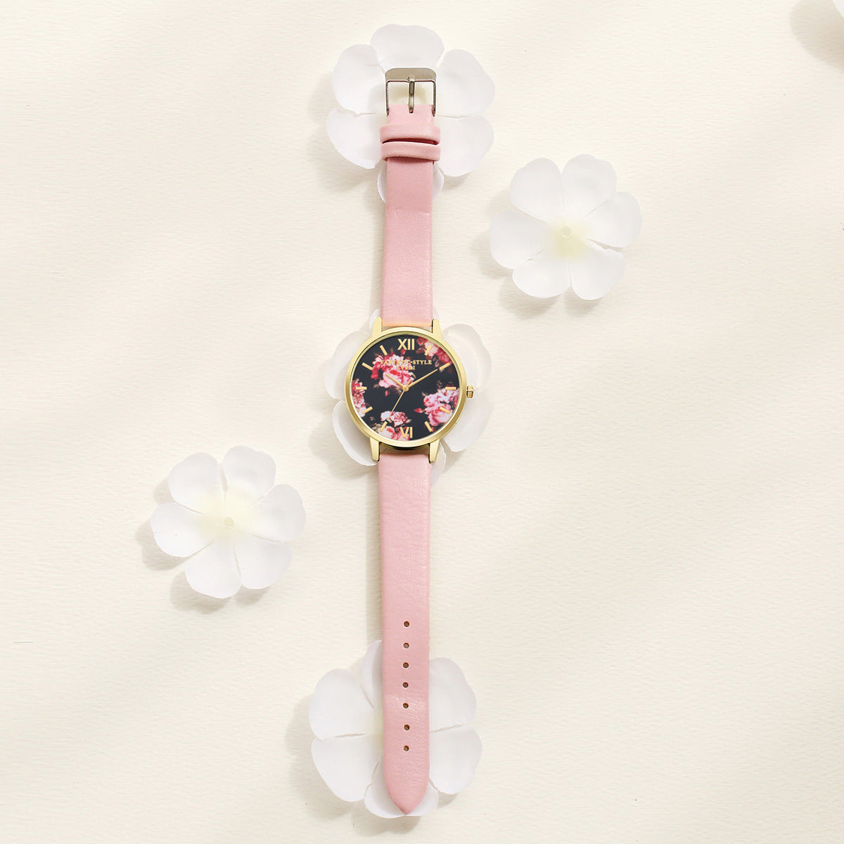 Rose Gold Women Leather Strap Watch Flower Dial Dress Gift