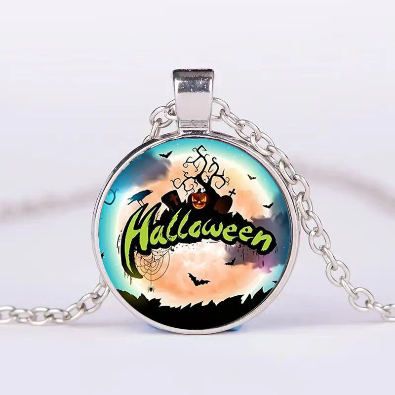 Halloween Pumpkin Ghost Bat Necklace Round Pendant Clavicle Jewelry for Men Women
