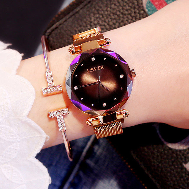Rose Gold Women Watch Diamond Starry Sky Magnet Waterproof