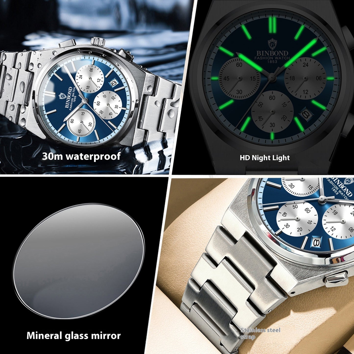Fashion Chronograph 3-Eyes Watch – Six Needles, Multiple Color Dials  Steel Case