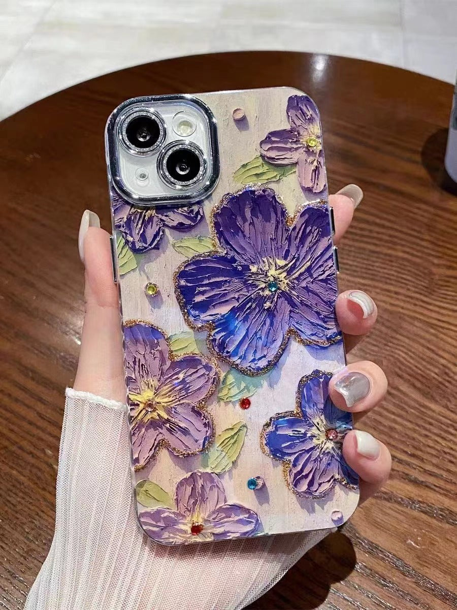 Blue Light Oil Painting Flower Phone Case Embossed Art