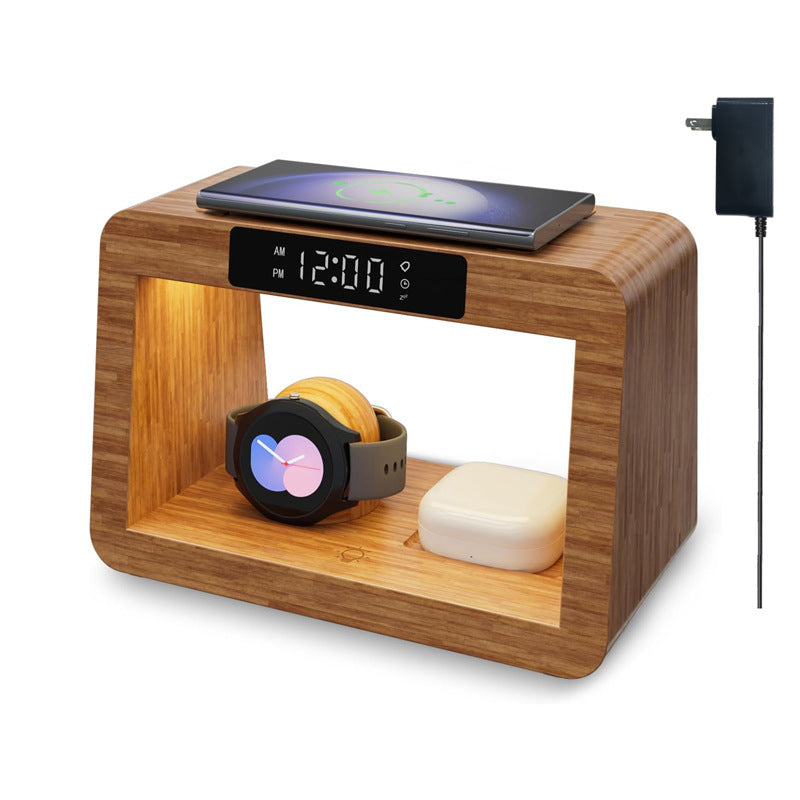 Bamboo Table Lamp Alarm Clock With Wireless Charger