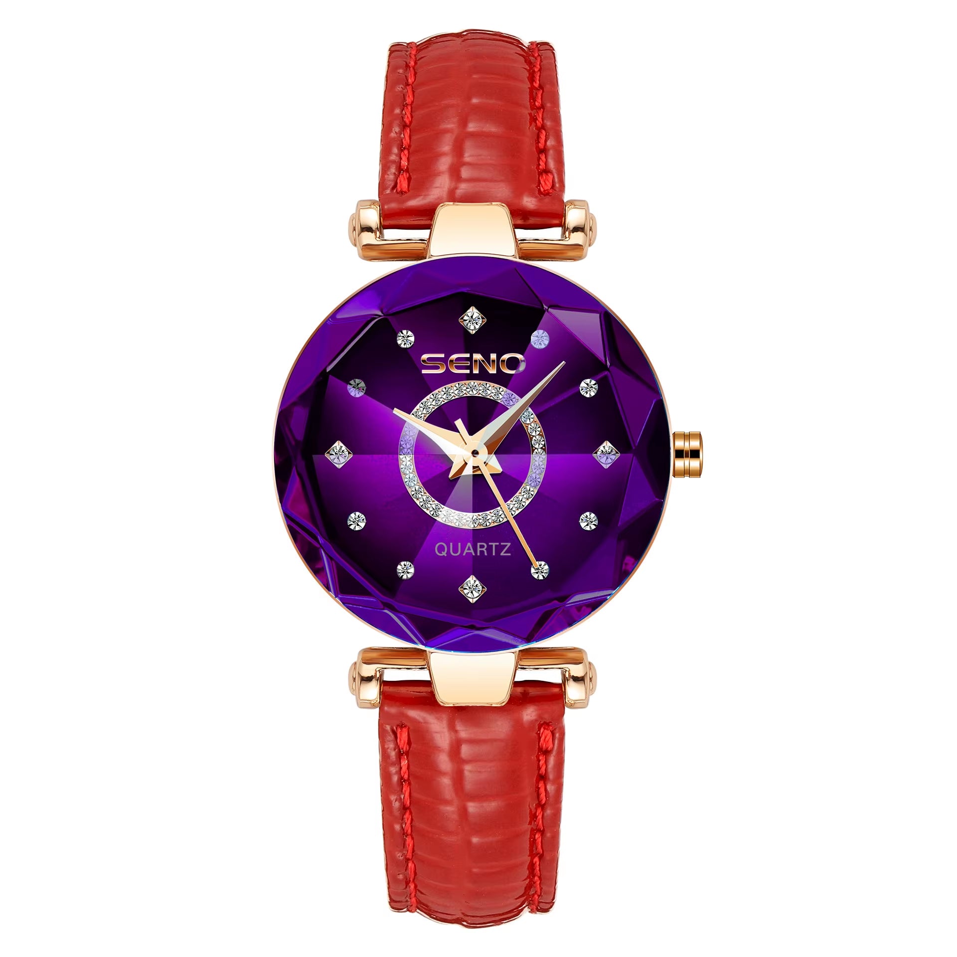 Women’s Quartz Crystal Watch red Leather Blue Dial Free Shipping Includes Case