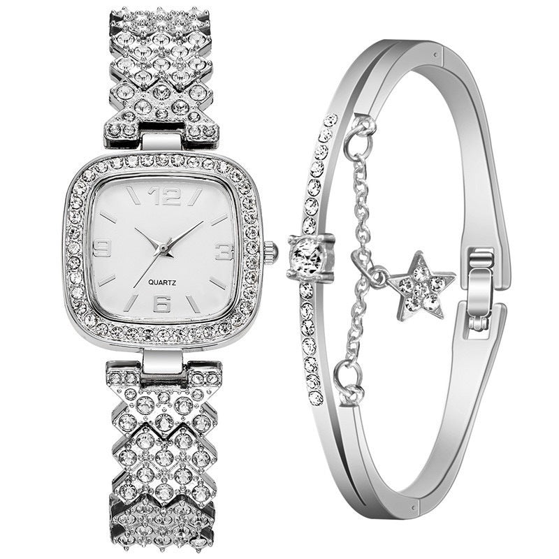 Women's Diamond Watch And Bracelet Two Piece Set Casual
