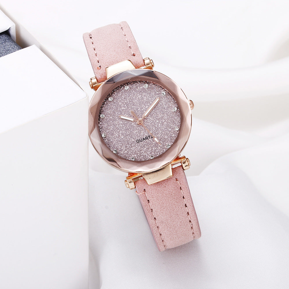 Casual Women Starry Sky Leather Rhinestone Wrist Watch