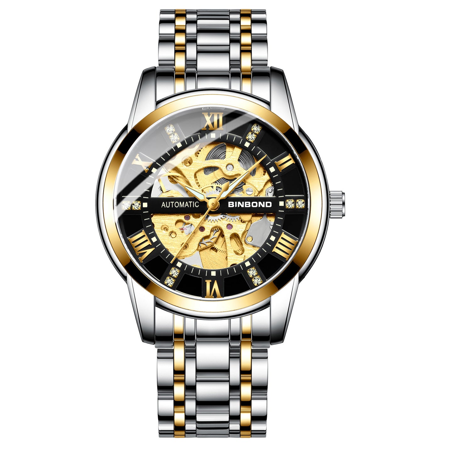 Elegant Automatic Mechanical Watch – Luminous Hands, Silver & Gold Case Styles