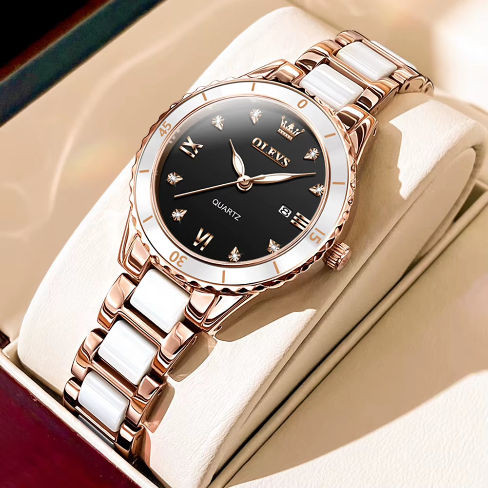 Women’s Elegant Quartz Watch with Roman Numerals, Waterproof Design, Calendar Function, Ceramic Strap, Luxury Original Timepiece