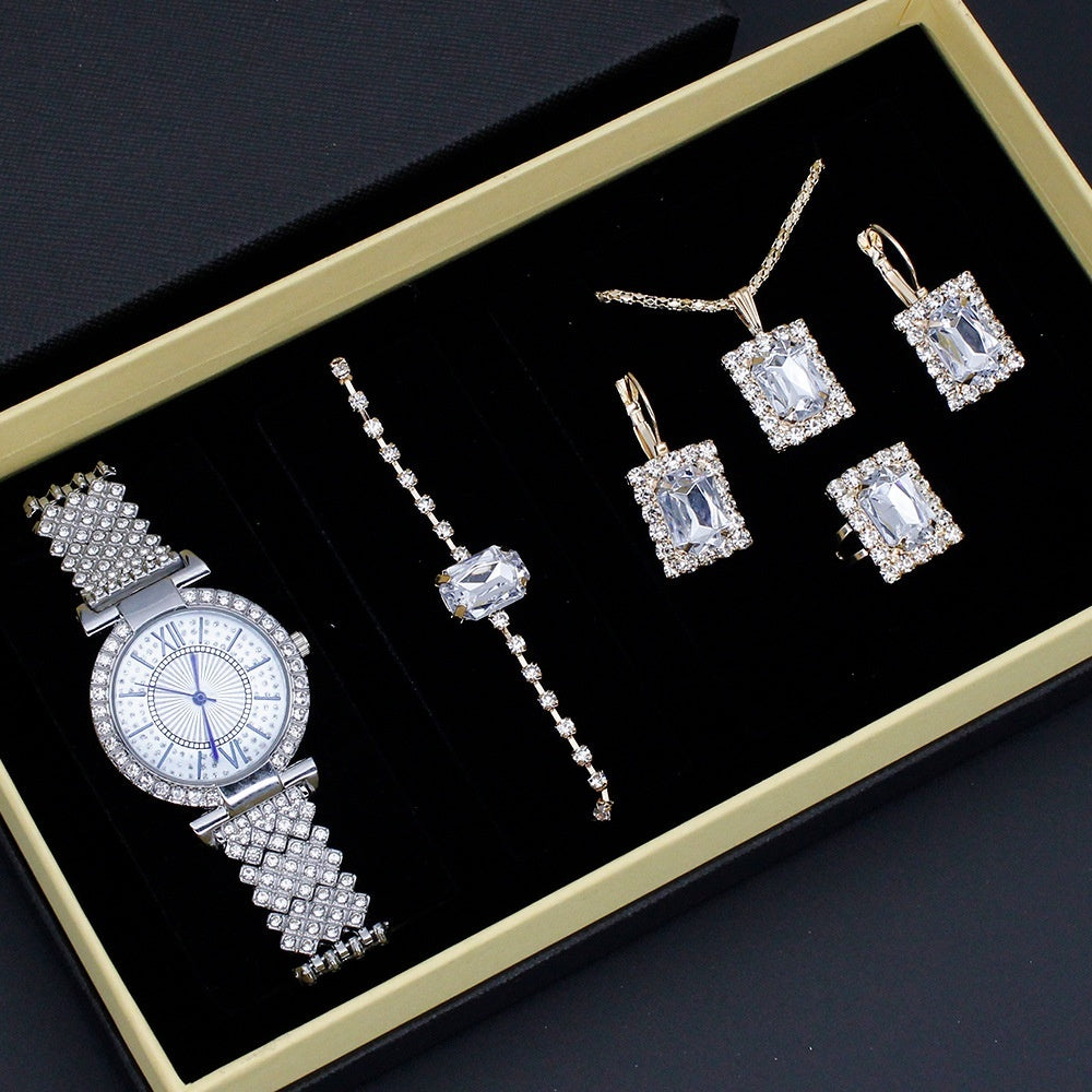 Diamond Embedded Roman Numerals Women’s Jewelry Watch Set – Elegant Gift Piece