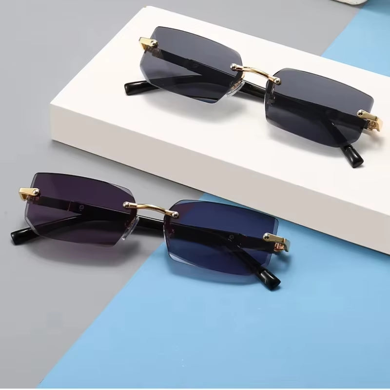Men Women Rimless Rectangle Sunglasses - Black Lens Cut Edge - Free Shipping