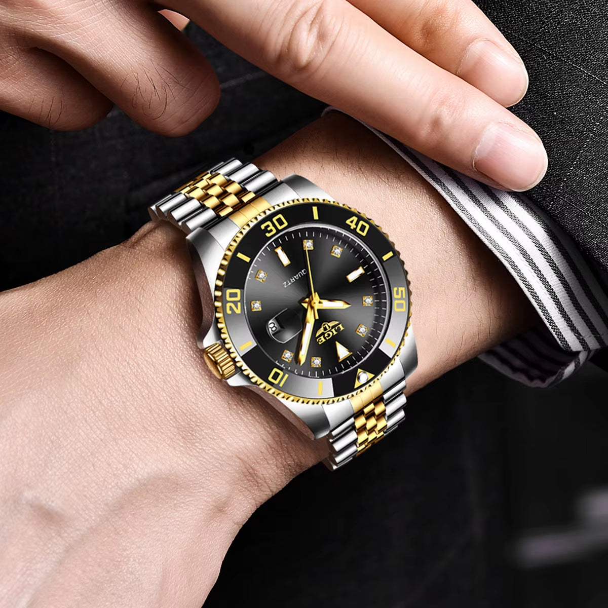 Luxury Men's Quartz Watch with Calendar, Diamond Accents, Luminous Features, and Waterproof Stainless Steel Design