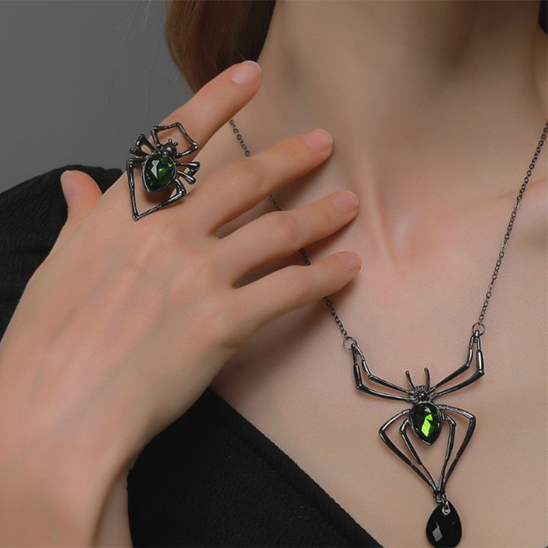 3PCS Halloween Spider Jewelry Set Drop Pendant Necklace Earrings Ring Vintage