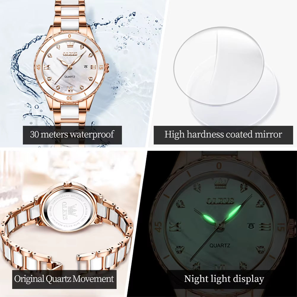 Elegant Women's Quartz Watch with Roman Numerals, Waterproof Calendar, and Ceramic Strap - Luxury Original Design