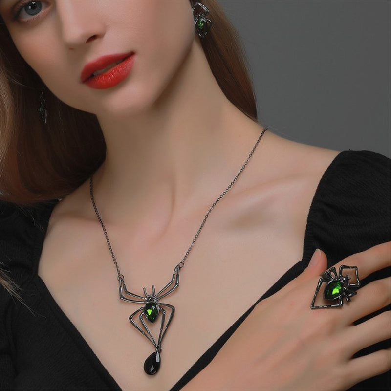 3PCS Halloween Spider Jewelry Set Drop Pendant Necklace Earrings Ring Vintage